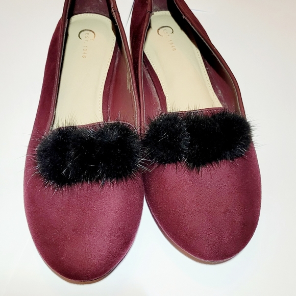 NWT Burgandy "Velvet like" Dress Shoes w/ Black Fuzzy Decor on Toe SZ 10 - Picture 7 of 11